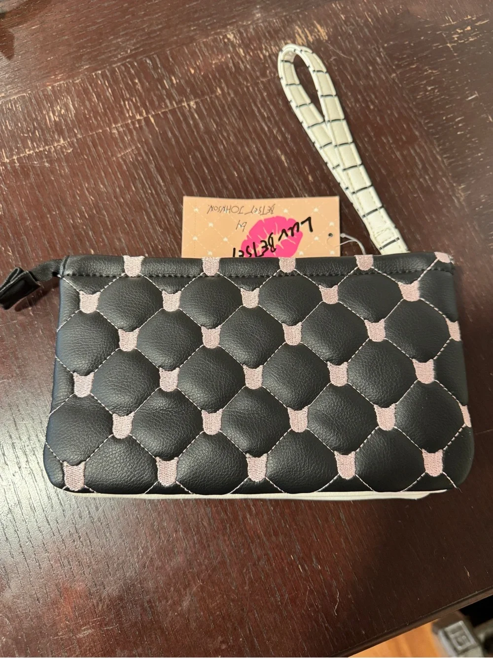 NWT Betsey Johnson Double Pouch Wristlet Pink Cats Black with White Stripes